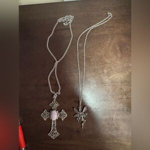 Intricate Silver Cross and Fairy Pendant Necklace Set